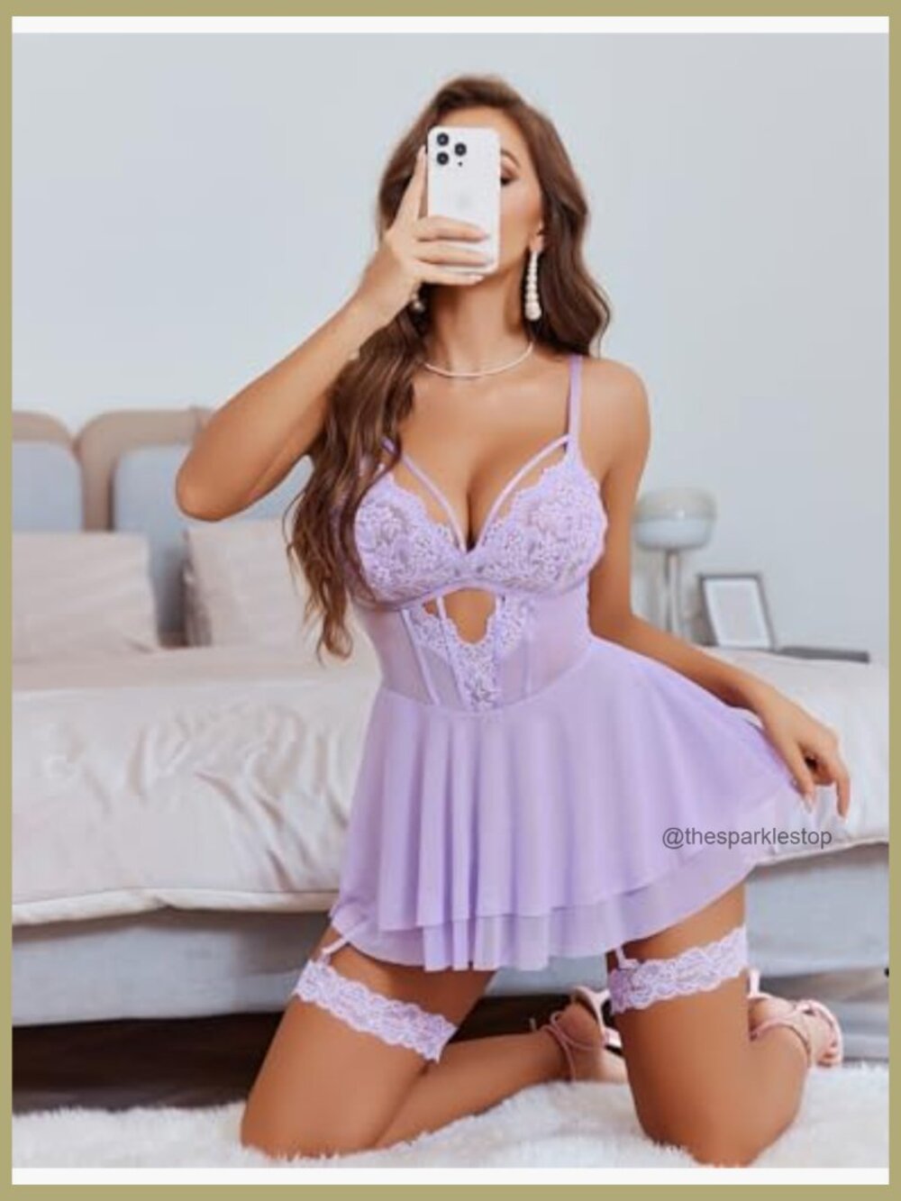 Lace Babydoll Chemise with Garter Belt, 90% Nylon 10% Spandex - Picture 4 of 5